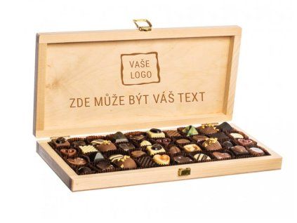 Drevená darčeková krabička s pralinkami a hľuzovkami 40 ks + možnosť personalizácie
